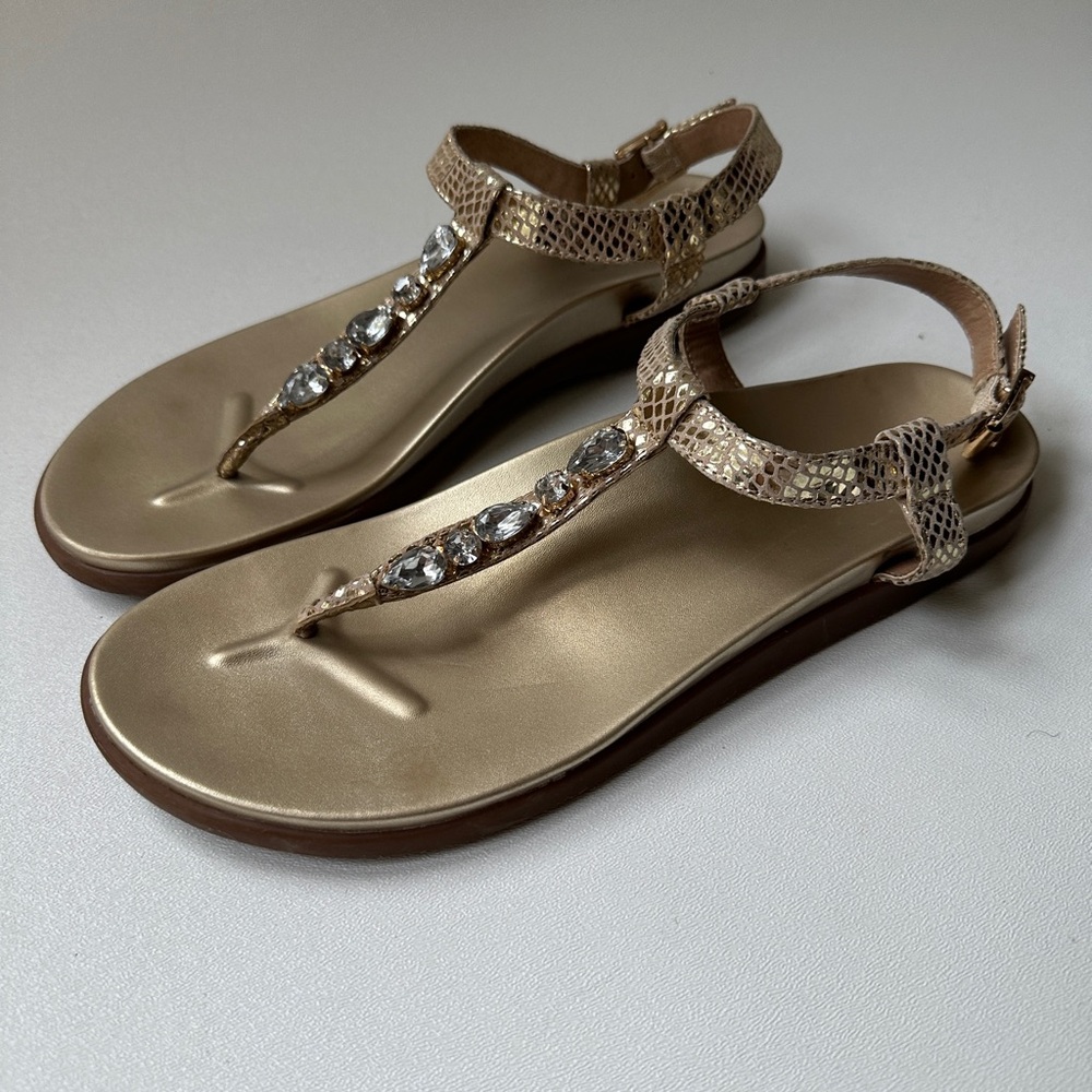Vionic Palm Boca Gold Snakeskin Rhinestone Ankle Strap Thong Sandals Size 10
